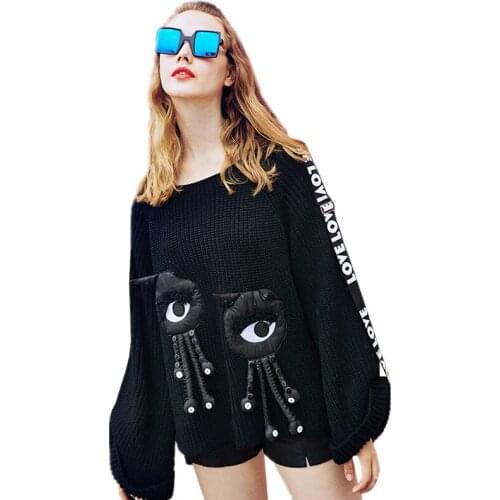 Women Spring Autumn New O-Neck Black Sweater Ladies Fashion Letter 3D Doll Casual Pullovers Long Sleeve Loose Knitting Tops Z430