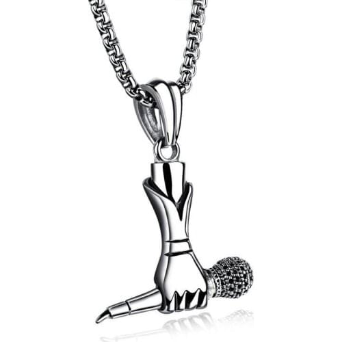 Singer Mini Hand Microphone Pendant Necklace For Men Boy Silver Color Stainless Steel Necklaces Hip Hop Punk Cool Jewelry