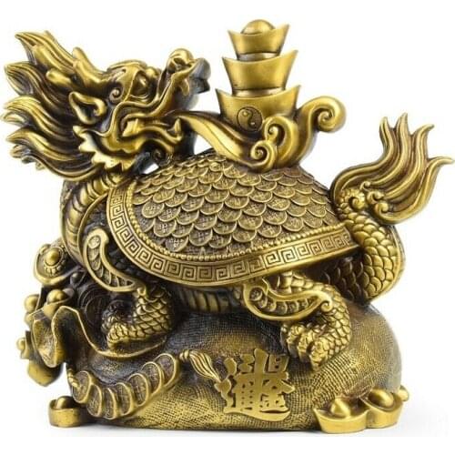 12'' brass copper carved auspicious fortune treasure wealth dragon turtle statue