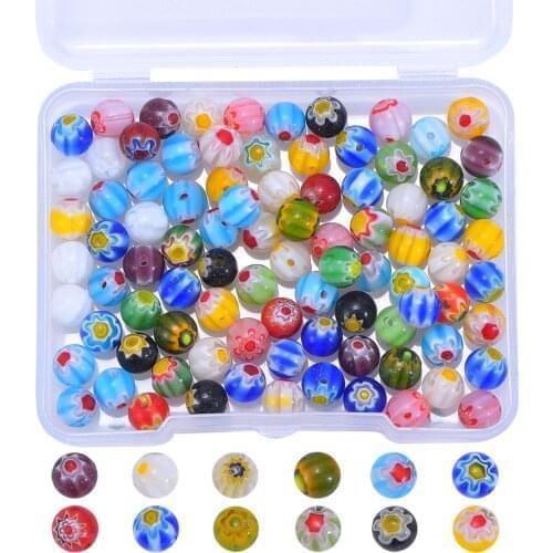 130Pcs 6mm Millefiori Glass Round-Single Flower Bead Strands for DIY Jewelry Bracelet Making Supplies