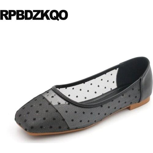 2019 ballerina slip resistant square toe shoes gray breathable cheap soft ballet flats women mesh polka dot large size on black