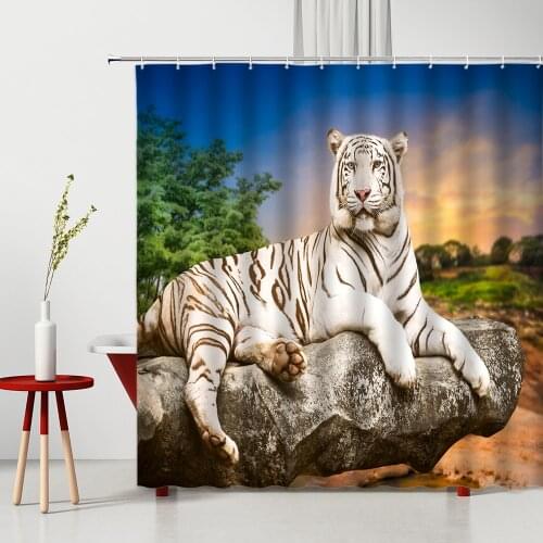 White Tiger Shower Curtain Wild Forest Animal Africa Printed Bathroom Decor Bathtub Screen Home Bath Hanging Curtains Washable