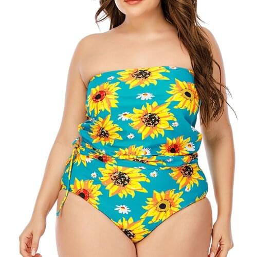 Sunflower Plus Size Push Up Bandeau Tankini Sets Adjutable Bendeau Top High Waisted Bikini Bottom Swimsuit Large Size Swimwear