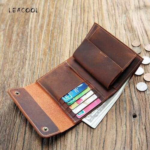 LEACOOL Genuine Leather Wallet Women Men Vintage Handmade Short Small Bifold Wallets Card Holder Purse With Coin Pocket