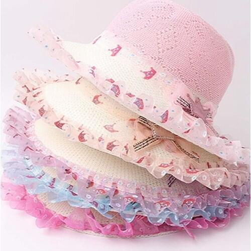 Kid 52cm Sun Hats Summer Children Beach Girls Weave Pompoms 2021 Hat UV Protective Kids Big Brim Holiday Casquette Rolling Hats