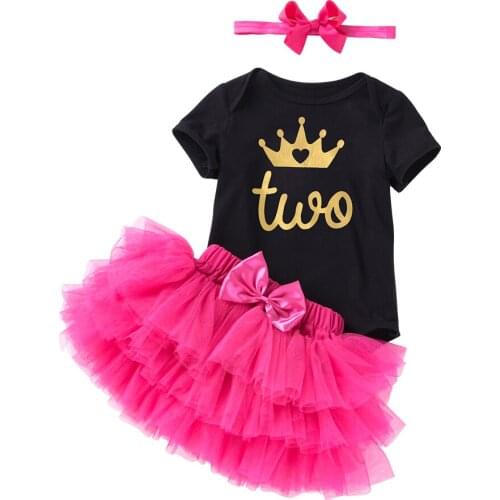 Baby Girls Letters Print Princess Black Rompers+Flower Turban+Layered Tutu Skirt 3PCS Clothing Sets Rompers Summer Clothing Set