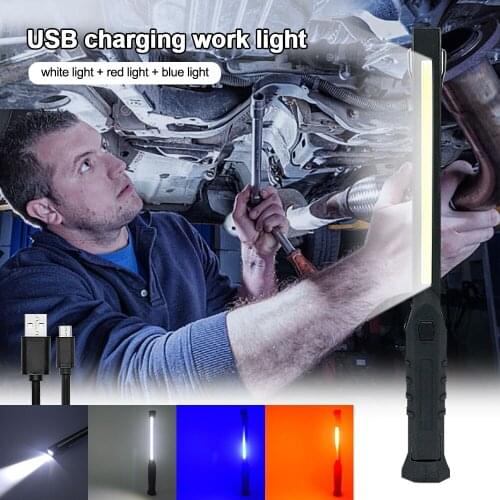 10W COB Long Strip Work Light Rechargeable LED Inspection Light Red & Blue Flashing Flashlight with Magnet Hook Camping Lantern