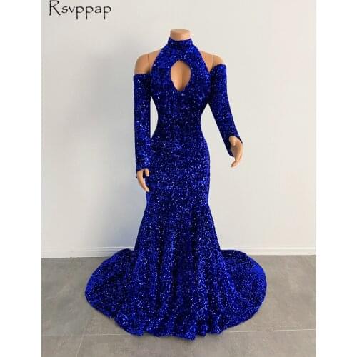 Long Sexy Prom Dresses 2021 Real Picture Mermaid Off The Shoulder Royal Blue Sequin African Black Girl Prom Party Gowns