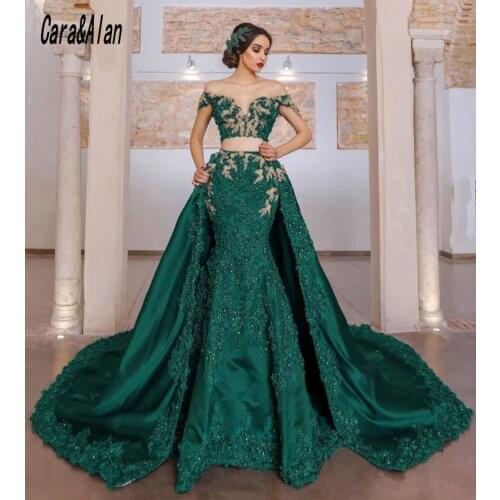 Elegant Arabic Two Pieces Evening Dresses with Detachable Train Lace Applique Green Mermaid Prom Dress Robe De Soirée De Mariage