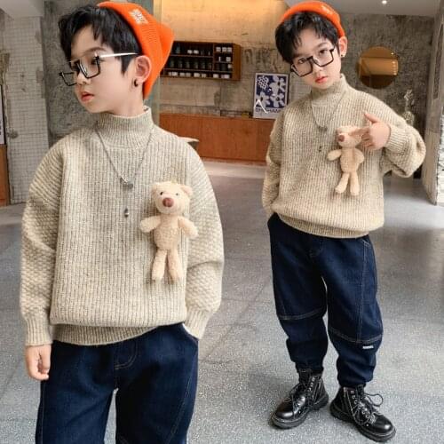 Boys Sweater Kids Outwear Tops 2021 Bear Fleece Thicken Warm Winter Autumn Knitting Pullover Children Clothing