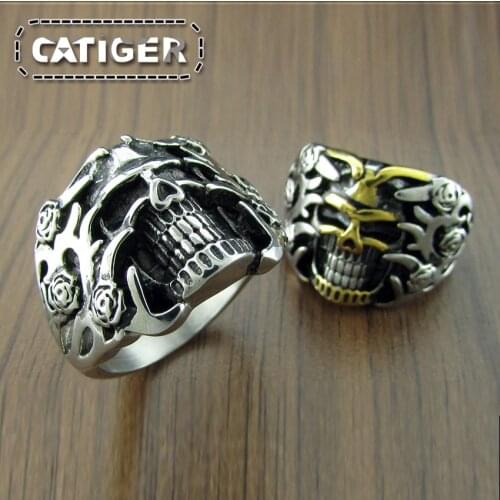 Free Shipping Punk 316L Stainless Steel Flower Skull Head Ring Biker Jewelry Factory Price Male Finger Rose Golden Skeleton Ring