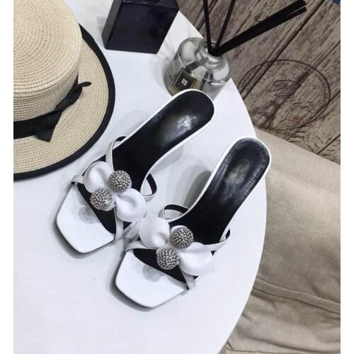 Summer Women Shoes Slippers High Heels Patent Leather Bling Rhinestone Party Shoes Outside Slides Zapatillas Mujer 2020