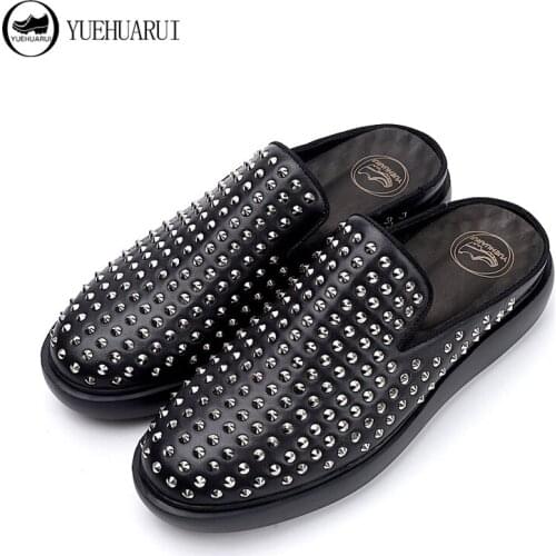 Mens heel-less shoes 2020 summer new pedal lazy leisure platform Baotou leather slippers leather sandals