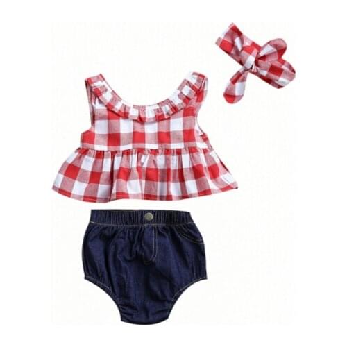 2017 New Cute Infant Kids Baby Girls Outfit Sleeveless Tops+Jeans Shorts+Headband Kids Clohtes Set