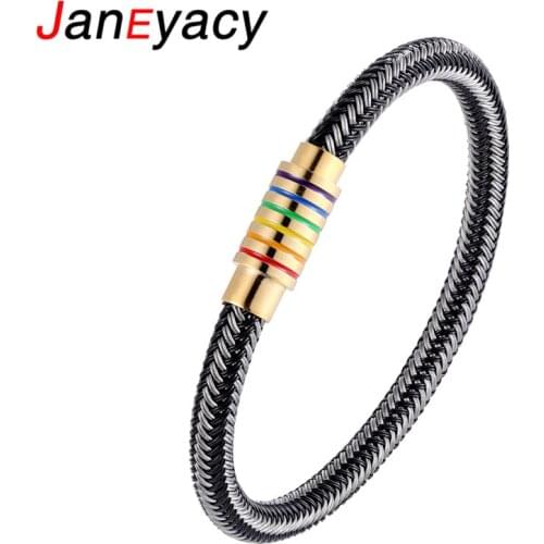 Genuine Black/White Steel Wire Braided Bracelet Women Men Stainless Steel Gay Pride Rainbow Magnetic LGBT Charms Bracelet Gift