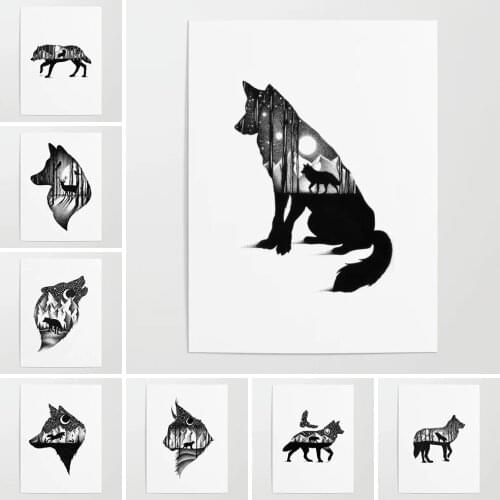 Prints Painting Wall Artwork Modular Canvas Wolf Animal Poster Picture Black White Moon Home Decoration For Bedside Background