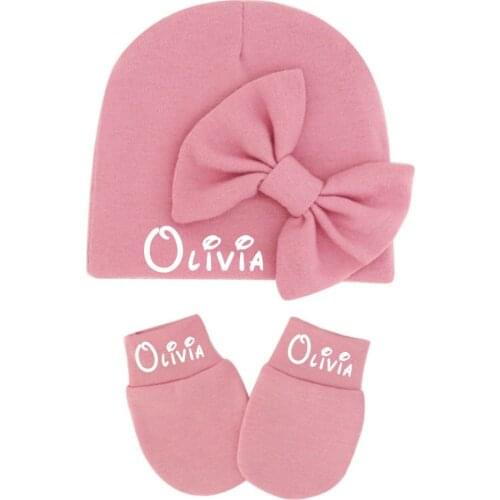 Personalized Baby Hat & Mittens with Bow Baby Shower Custom Name Newborn Gift Baby Scratch Mittens Newborn Baby Pink Girl Hat