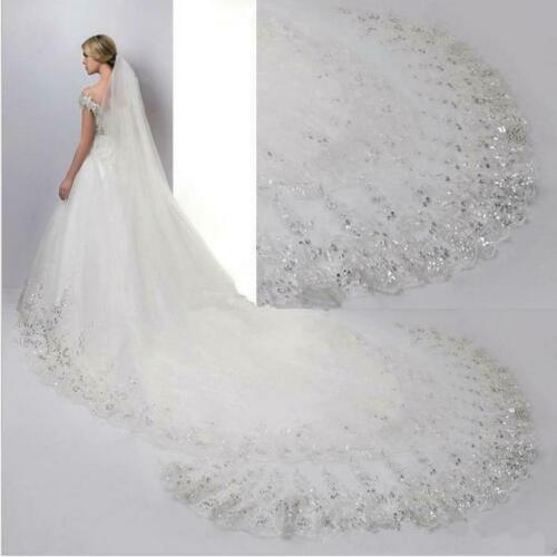 Classic Design Formal Luxury Cathedral Wedding Veil White Ivory Long Lace Edge Bridal Veil Crystals
