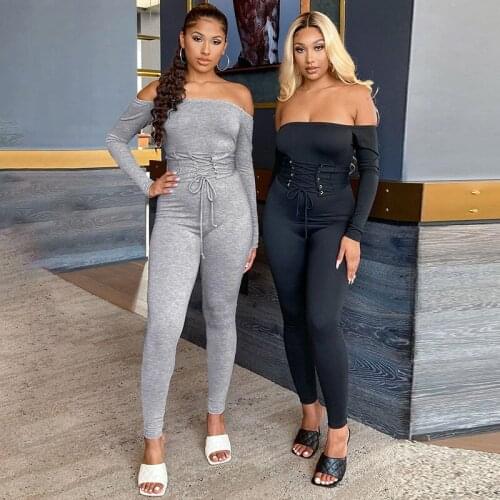 Sexy Women Jumpsuit Off Shoulder Slash Neck Cross Bandage Skinny Long Romper Women Jumpsuit Outfit