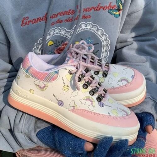 Lolita Shoes Womens Sneakers Platform Kawaii Tennis Girly Cute Sports Round Head Casual Pink Sweet