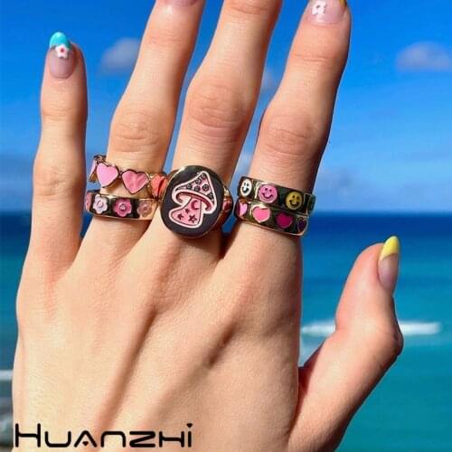 Smile Korean Alien Flower Queen Rings Namel Thick Ring Dripping Oil Luxury Lucky Jewelry Heart Mushroom Clouds Rings for Women