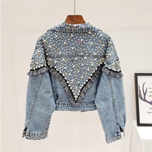 2021 New Mujer Spring Autumn Streetwear Denim Jacket Women Hand-studded Pearls Punk Tassel Veste Femme Loose Short Jeans Coats