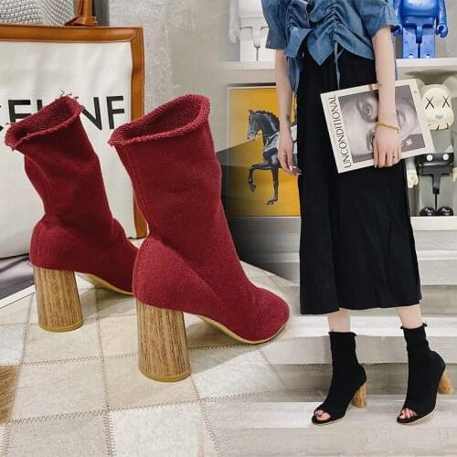 Women Knitting stretch sock boots wood chunky heels booties open toe high heels shoes for women mid-calf chelsea botas winter