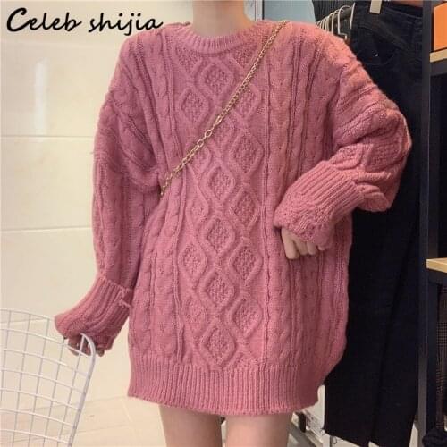 SHIJIA Long Sweater Cross Lattice Autumn 2021 O Neck Red Knitted Tops Korean Thick Long Sleeve Jumper Fall Sweaters for Women
