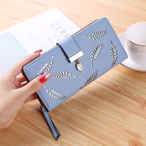 DOLOVE Women Wallet PU Leather Purse Female Long Wallet Gold Hollow Leaves Pouch Bag for Women Coin Purse Card Holders Clutch
