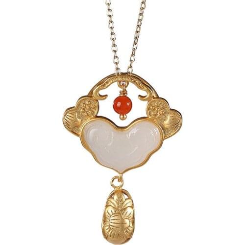 S925 sterling silver gold plated Hetian jade Ruyi Peony Necklace Retro Court Temperament ladies' pendant