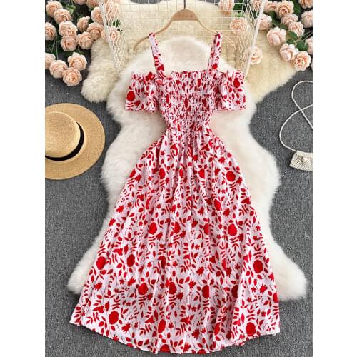 Summer Sexy Slash Neck Spaghetti Strap Midi Dress Women Casual Off Shoulder Short Sleeve Vacation Beach Robe Female Clothing