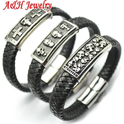 5pcs New Arrival Skull Heads Fashion Punk Style Genuine Leather Bracelets Stainless Steel Jewelry For Men