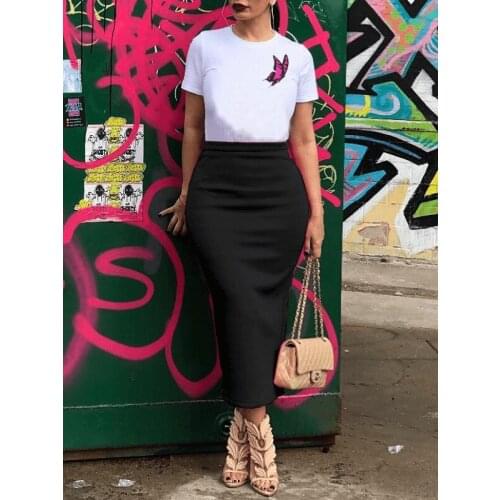 AHVIT Summer Sexy Fashion Casual Two Piece Set Printed O Neck Short Sleeve T Shirt And Solid Color Mid Calf Skirts OD8247