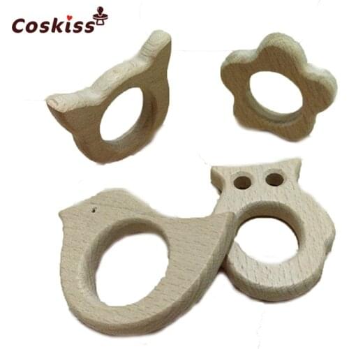 DIY Baby Teether Toys Organic Natural Beech Wooden Flower-Bird-Owl-Cat Hand Cut Toys Baby Wooden Teether Gift