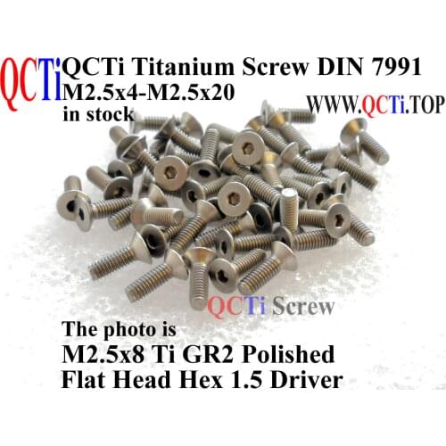 DIN 7991 Titanium screws M2.5x4 M2.5x5 M2.5x6 M2.5x8 M2.5x10 M2.5x12 Flat head Hex 1.5 Driver Ti GR2 Polished 25 pcs