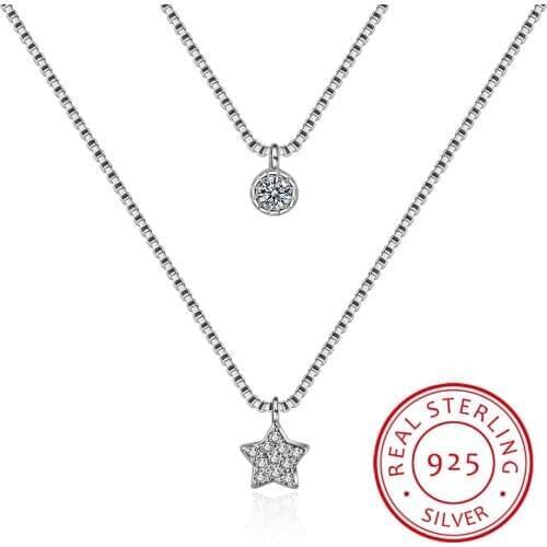 Double-layer Zirconia Star 925 Sterling Silver Necklaces For Women Short Chain Choker Gift S-N390
