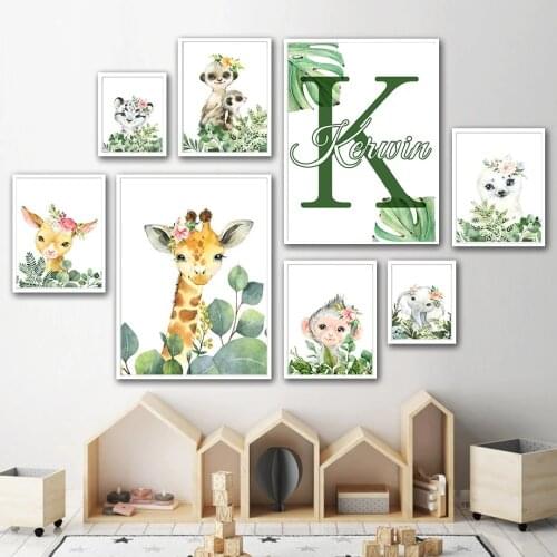 Personalized Baby Name Wall Art Customized Poster Print Eucalyptus Animals Canvas Painting Gift For Child Bedroom Wall Pictures