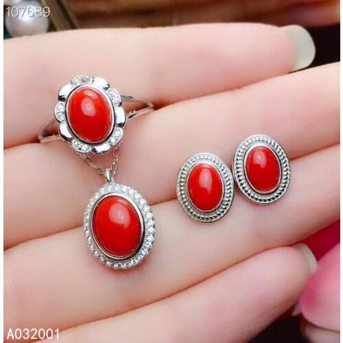 KJJEAXCMY fine jewelry natural red coral 925 sterling silver new women gemstone pendant earrings ring set support test luxury