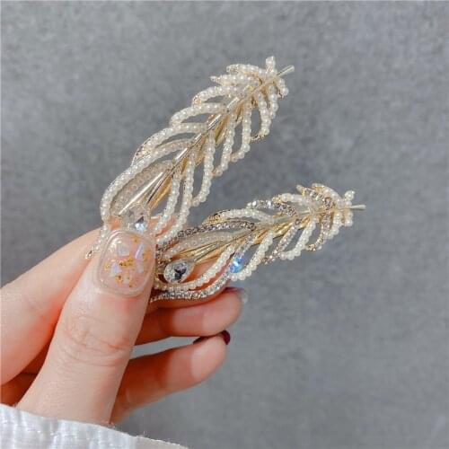 New Arrival Feather Shape Rhinestone Simulated Pearl Hairpins Hair Clips For Women Fashion Hair Accessories