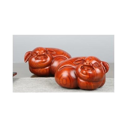 A pair Yellow pear wood carving fortune happiness zodiac pig creative office furniture decoration statue factory direct