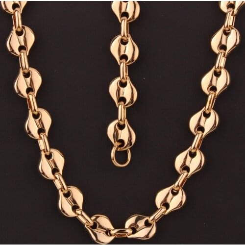 Popular Jewelry set Men Gold-color Stainless Steel Beans Shape Chain Charm Necklace Bracelet Bangles Boy Jewelry Set