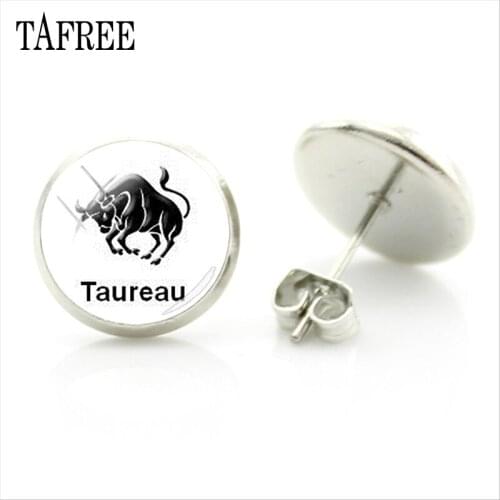 TAFREE 12 Zodiac Pisces Virgo Cancer Birthday Stud Earring Round Glass Personality Earring Party Souvenir For Boy Girls XZ76