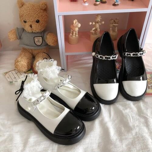 Small Leather Shoes Female Autumn New Metal Chain Fashion Fashion with A Round Head Black White Mosaic Color Flat Shoe Female
