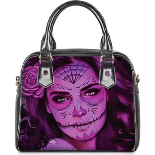 ELVISWORDS Sugar Skull Day Of The Dead Print PU Top-handle Women Luxury Shoulder Handbag Ladies Gothic Beach Bag Bolsa Feminina