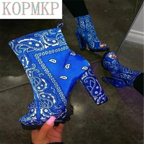 2020 Autumn/winter Women Motorcycle Boots Bandana Silk New Peep toe Boots Square Heel Casual Boots Totem Printing Lady Boots 43
