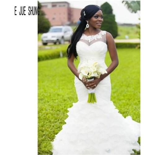 E JUE SHUNG Elegant Mermaid Wedding Dresses Crew Neck Sleeveless African Organza Ruffles Tiered Bridal Gowns robe de mariee