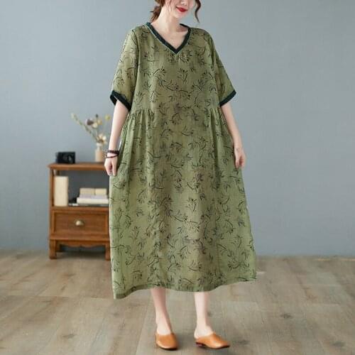 Women Cotton Linen Loose Casual Dress New Arrival 2021 Summer Arts Style Vintage V-neck Print Ladies A-line Long Dresses B764