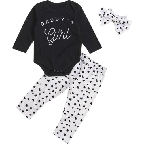 2021 0-18M Infant Baby Clothing DADDY GIRL Letter Print Long Sleeve Romper+Hearts Harem Pants+Headband Cute Spring Fall 3pcs Set