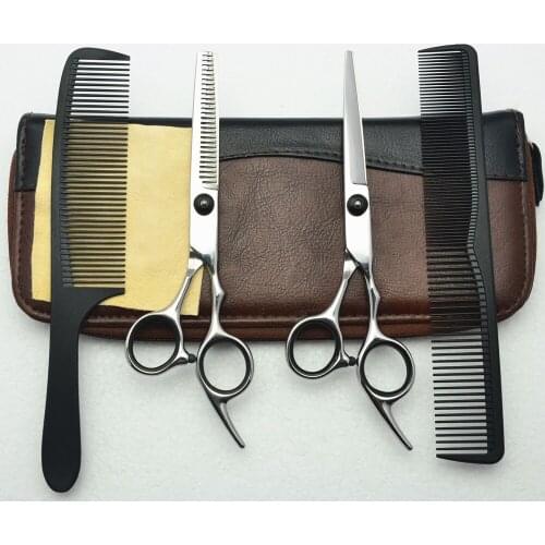 4Pcs Suit 6'' Black CUSTOMIZED LOGO Professional Human Hair Scissors Hairdressing Sears Combs + Cutting Scissor + Thinning C1001