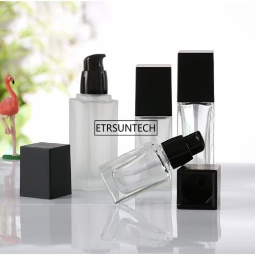 50pcs 20ml 30ml 40ml Clear Frosted Square Glass Bottle with Black Pump for Lotion Essential Oli Facial Water Liquid F1976